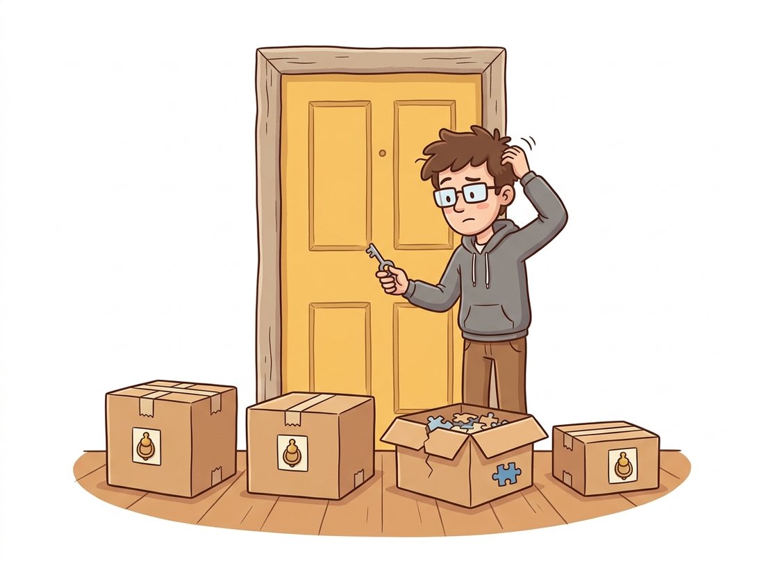 A confused cartoon developer faces four similar delivery boxes that all share one identical door knocker, holding a key that fits only one box while a half-open box is missing a puzzle piece, illustrating how the four OpenCV PyPI wheels all import as cv2 yet only one ships the function you need.