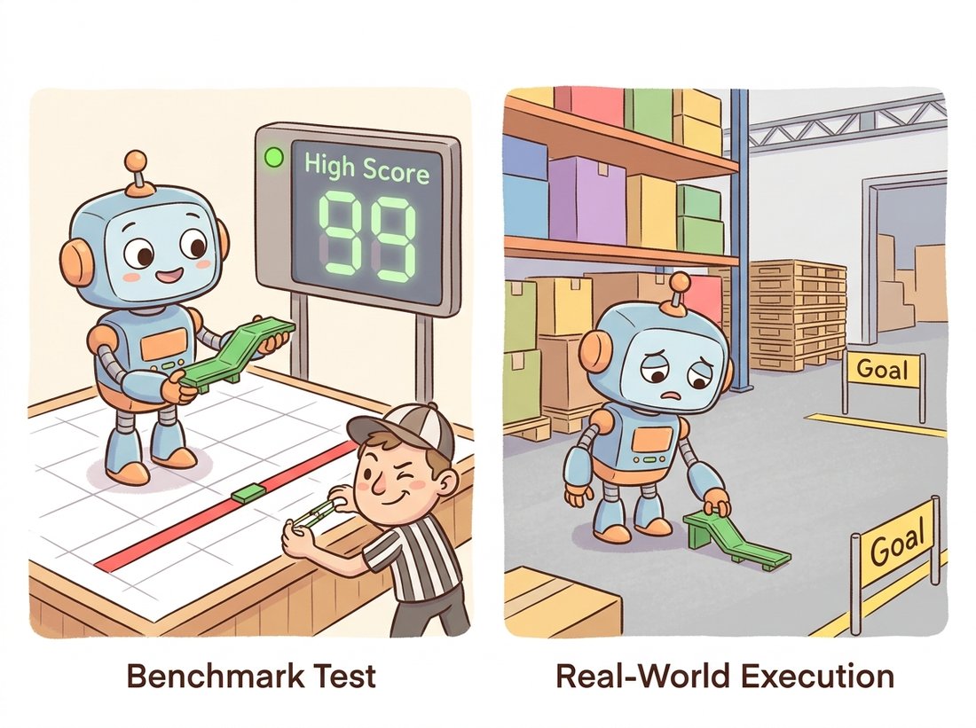 A cartoon robot earns a high benchmark score because a referee secretly stretches its tiny estimated path to match the true path, but in a real warehouse with no referee the same undersized path falls short of the goal, illustrating how monocular scale correction flatters a trajectory metric that fails in deployment.