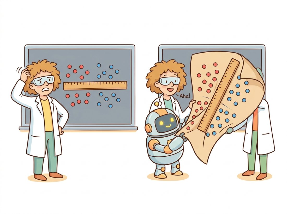 A cartoon scientist holds a straight ruler over two tangled clusters of red and blue dots that no line can separate, while a robot bends the whole rubber sheet underneath so the same straight ruler now divides the colors cleanly, depicting how a hidden layer reshapes the input space to make classes linearly separable.