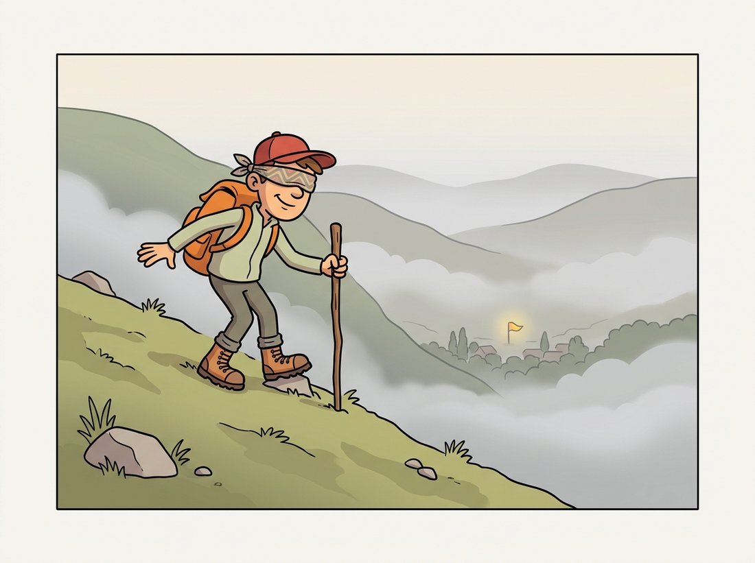 A blindfolded cartoon hiker on a misty slope feels the ground with a walking stick and takes one careful step downhill toward a faint valley flag it cannot see, illustrating how gradient descent follows only the local slope without ever perceiving the whole loss landscape.