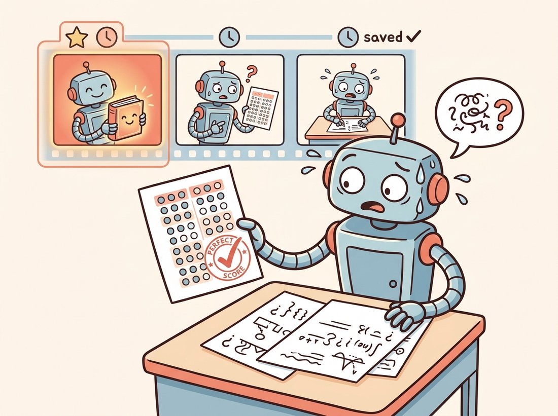A robot clutches a perfectly scored memorized answer key yet panics at a real exam of unfamiliar questions, while a timeline behind it shows an earlier confident saved snapshot glowing as the true best model and the anxious final snapshot being the one actually kept, depicting overfitting and the danger of checkpointing the last epoch instead of the best one.