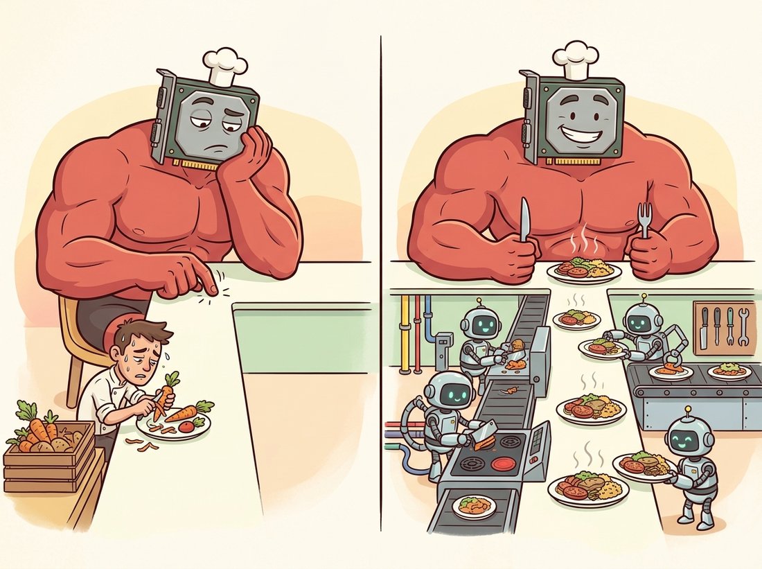 A large bored GPU customer taps its fingers at an empty plate while one slow lone cook prepares food on one side and a parallel crew of sous-chef robots keeps plates arriving on the other, illustrating how a single-worker data pipeline starves the accelerator while multiple DataLoader workers keep it continuously fed.