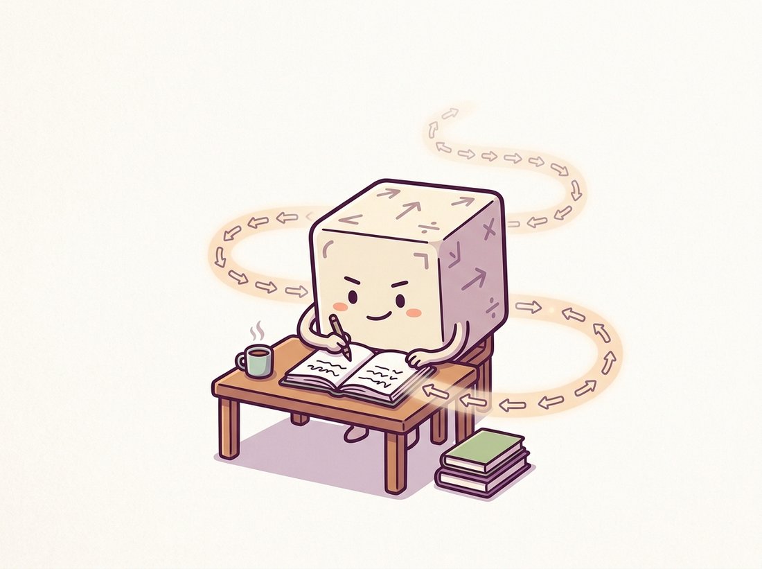 A cute cube-shaped tensor character writes every operation done to it into a diary, with a glowing chain of backward arrows flowing out of the pages, depicting how autograd records each operation on a tensor and replays the graph in reverse to compute gradients automatically.