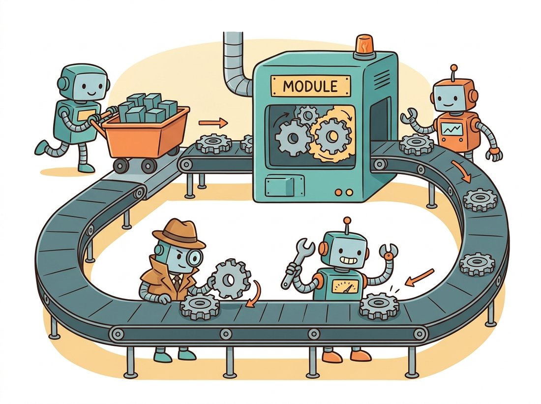 Four cartoon robot stations form a looping assembly line passing a glowing data parcel from a tensor cart, through a module machine that makes a prediction, to a detective robot tracing gradients backward, to a wrench robot updating the gears, with a conveyor returning the improved part for the next pass, depicting how tensor, nn.Module, autograd, and optimizer compose into one repeating training step.
