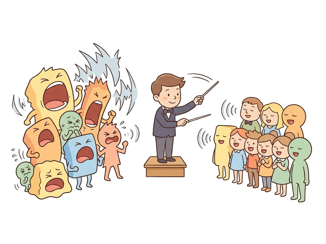 A calm cartoon conductor raises a baton before a choir of layer characters that were shouting and squeaking at wildly different volumes, bringing them all to sing at the same even level with balanced sound waves, illustrating how batch normalization re-centers and re-scales each layer's activations so training becomes stable.