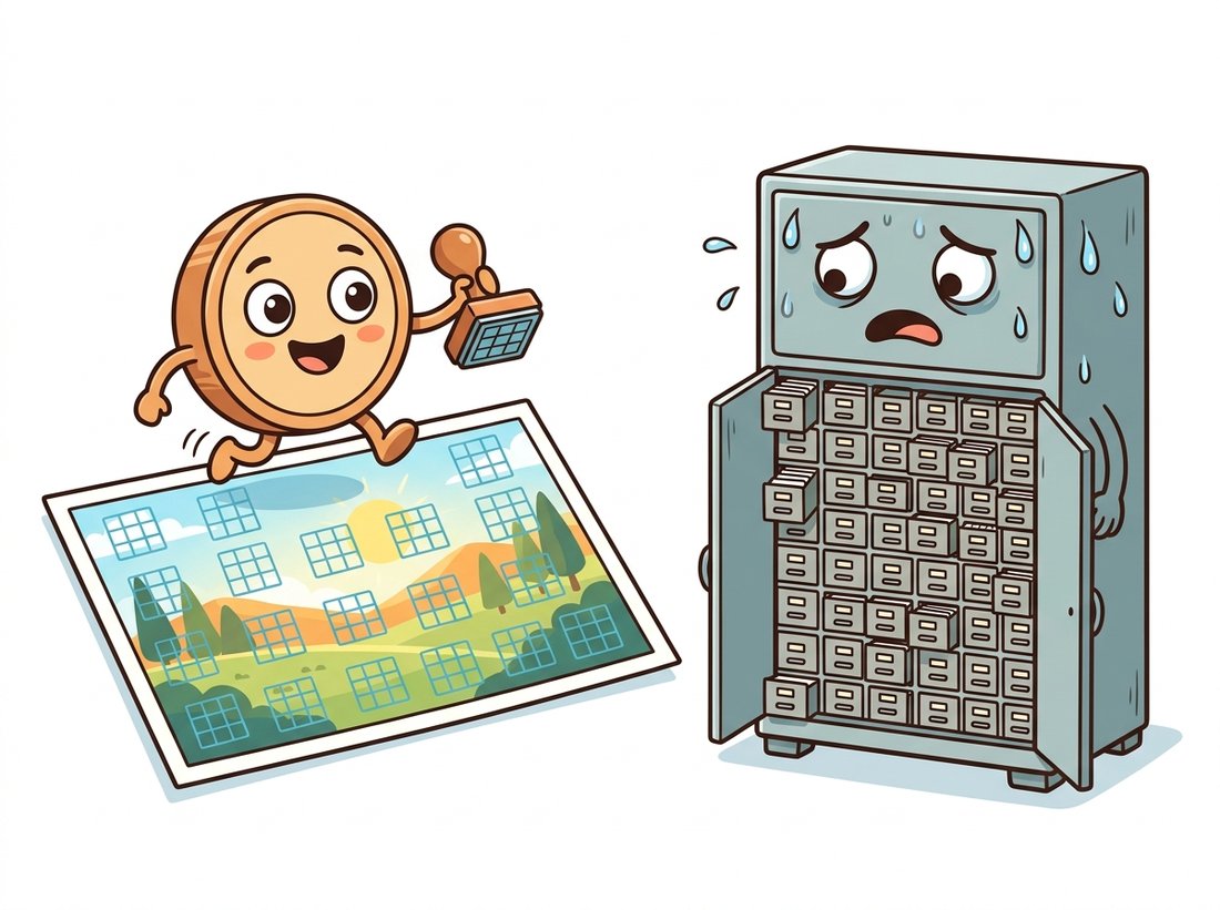 A cheerful rubber-stamp character presses one small three-by-three grid pattern repeatedly across an entire landscape photo, tiling identical marks everywhere, while a sweating filing cabinet stuffed with thousands of separate drawers looks overwhelmed beside it, contrasting one reusable convolution kernel against a fully connected layer's many per-position weights.