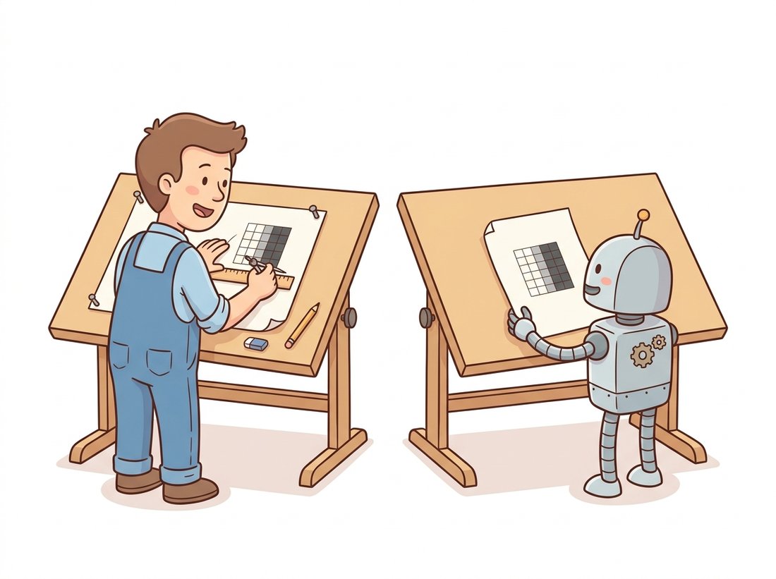 A human engineer hand-draws a simple edge-detector pattern with ruler and compass at one table while a robot at the next table, never shown the drawing, proudly holds up the exact same pattern it discovered on its own, both pleasantly surprised the results match, illustrating how a CNN's first layer learns the same Sobel and Gabor edge filters that Part I built by hand.