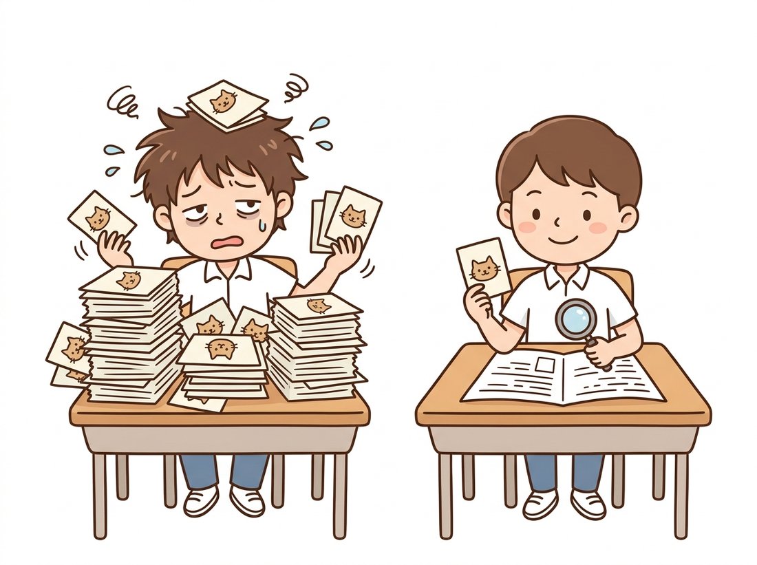 Two cartoon students at exam desks: one is exhausted under a towering stack of flashcards each showing the same cat in a different corner, while the other calmly holds a single cat card and a magnifying glass to scan the whole page, illustrating a fully connected layer memorizing every location versus a convolution learning one detector and applying it everywhere.