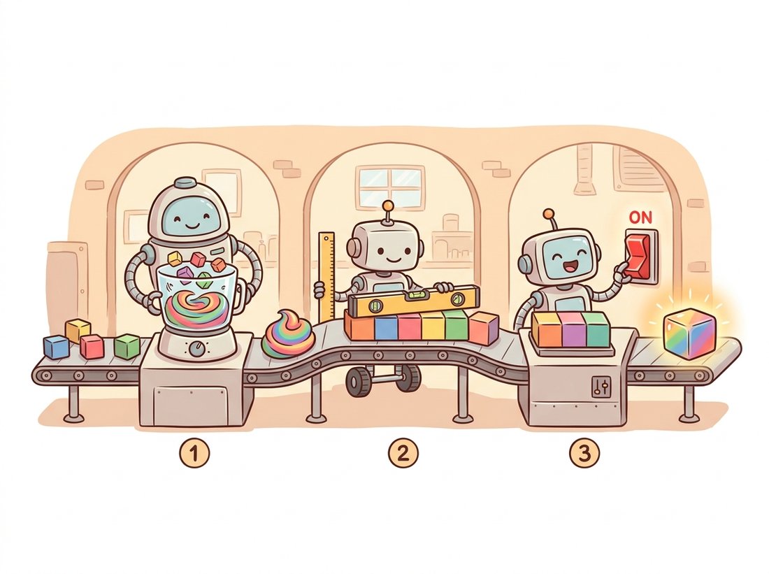 A cozy three-station assembly line where one robot blends colorful patch-cubes into a new feature, a second robot levels everything to the same neat height with a spirit level, and a third robot flips an ON switch that lights up the result, illustrating the conv-BN-ReLU block as mix, normalize, then activate.