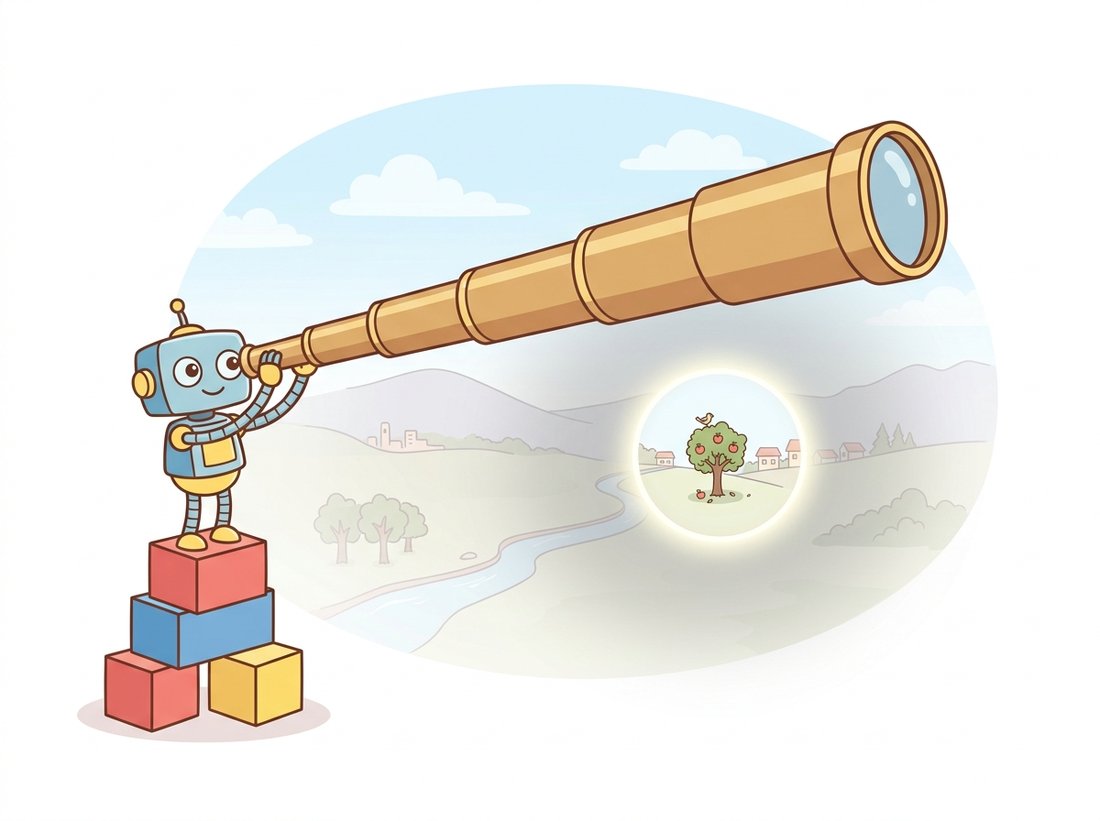 A small robot atop a short stack of layer blocks aims a giant telescope across a wide landscape, but a soft spotlight reveals it only truly sees a small bright blob in the center while the edges fade into fog, illustrating how a CNN's theoretical receptive field promises far more reach than the much smaller effective receptive field it actually uses.
