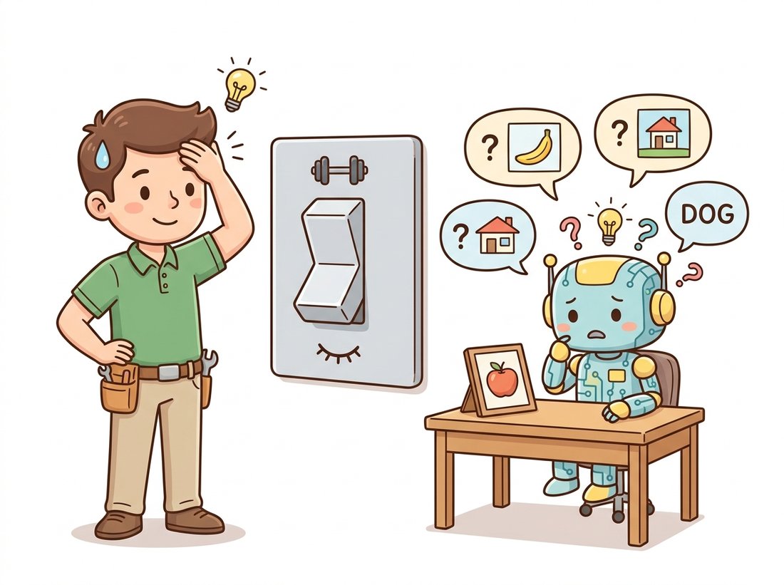A cartoon engineer facepalms beside a two-position wall switch left in the wrong mode while a confused neural-network robot gives a different verdict about the same single photo each time, with mismatched answer bubbles floating around, illustrating the classic bug of forgetting to call model.eval() so batch norm normalizes each validation batch by its own neighbors.