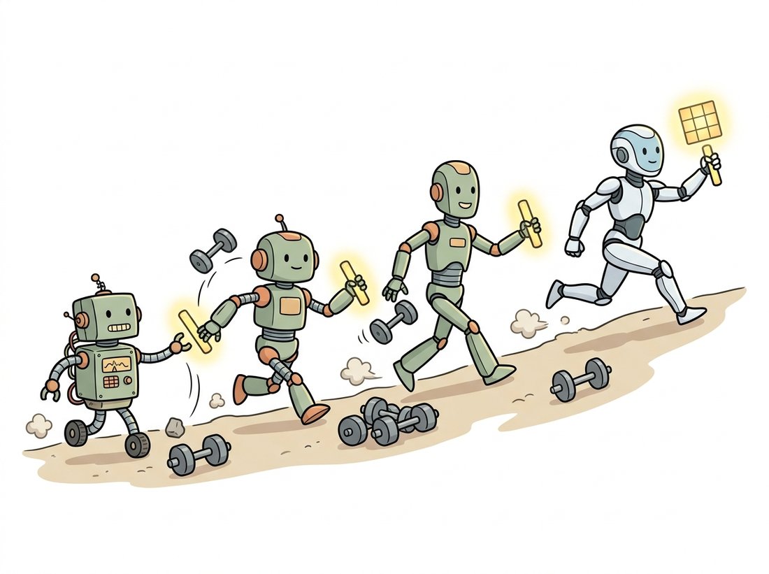 A relay race of progressively sleeker cartoon robots passing a glowing nine-square convolution filter baton up a rising path, each robot dropping a heavy weight as it hands off, picturing how each CNN architecture removes the single bottleneck that capped the one before it across a decade of redesign.