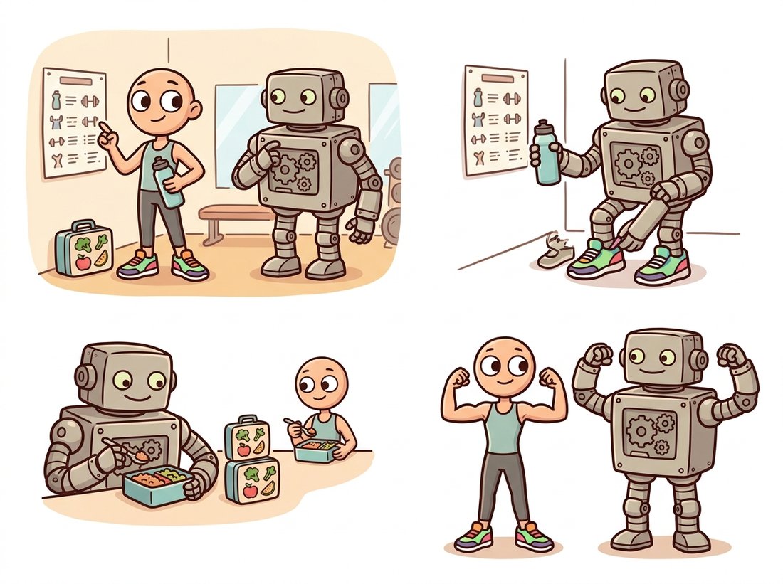 A sturdy classic robot in a gym cheerfully copying a sleek newcomer athlete's habits, the same water bottle, workout chart, shoes, and lunchbox, while keeping its own body unchanged, with both ending equally fit, picturing how ConvNeXt matched the transformer by adopting its training recipe rather than its attention mechanism.