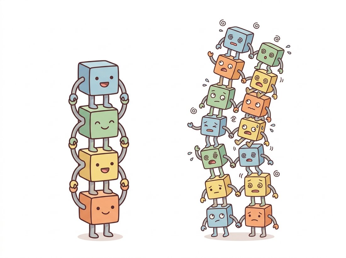 A short stable tower of friendly stacked block-robots beside a much taller tower of the same robots that sags and buckles in the middle with dizzy confused faces, picturing the degradation problem where a deeper plain network reaches higher training error than a shallower one.