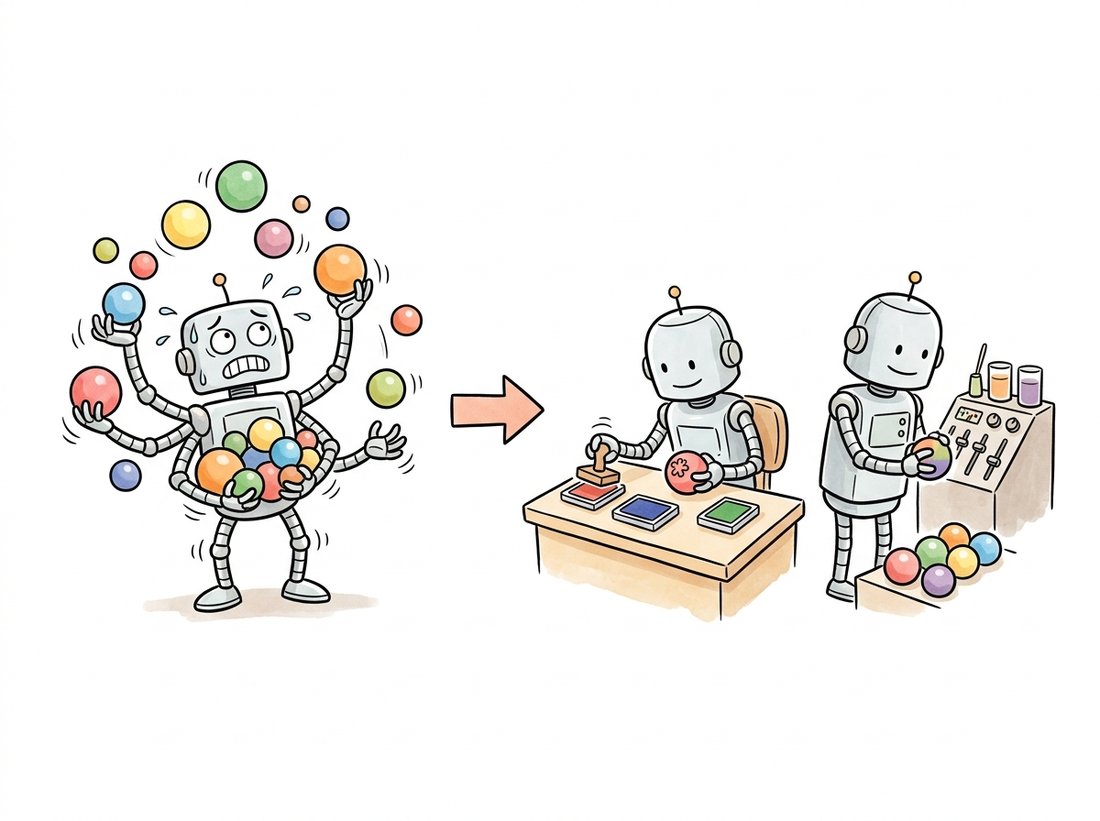 One sweating overworked robot juggling many colored balls at once on the left, and on the right two relaxed specialist robots splitting the work, one stamping a pattern onto each color separately and one blending the colors at a mixing board, picturing how depthwise-separable convolution factors a costly dense convolution into a per-channel spatial filter plus a one-by-one channel mix.