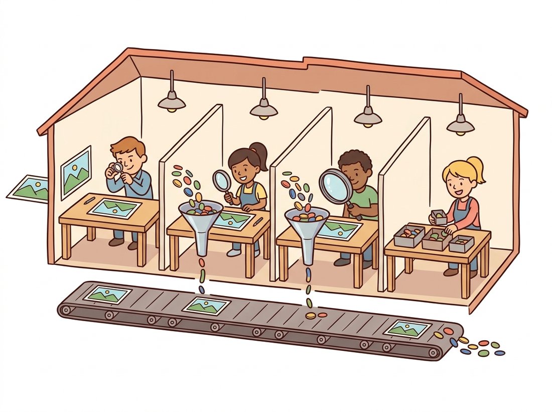 A cutaway workshop with four parallel benches where cartoon workers inspect the same image through different sized magnifying lenses, with funnels squeezing wide token streams thin before the larger benches and one shared conveyor merging all outputs, picturing the Inception module computing several filter scales in parallel with cheap one-by-one channel bottlenecks.