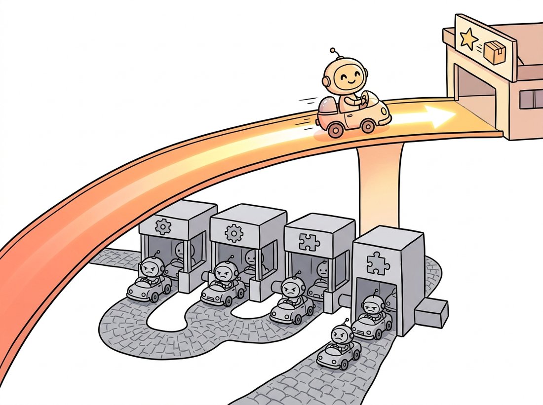 A friendly courier robot zooming along a clear elevated express highway that bypasses a congested winding side road full of processing booths below, picturing how the residual skip connection carries the gradient backward undiminished while the convolutional layers add their smaller corrections.