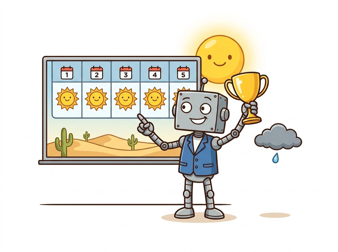 A smug desert weather forecaster robot holds a trophy for always predicting sun and being right nearly every day, while a single tiny rain cloud sneaks by unnoticed behind it, illustrating the accuracy paradox where a majority-only predictor scores high accuracy yet misses the rare class that actually matters.
