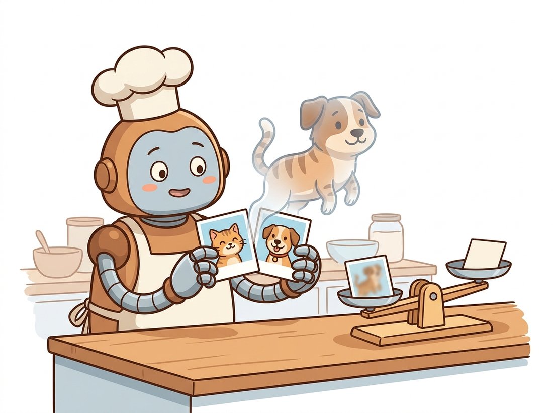 A cartoon robot chef presses a cat photo and a dog photo together into a ghostly cat-dog blend while a small balance scale shows the label tipped partway between the two classes, illustrating how MixUp and CutMix blend the targets as well as the pixels into soft labels.