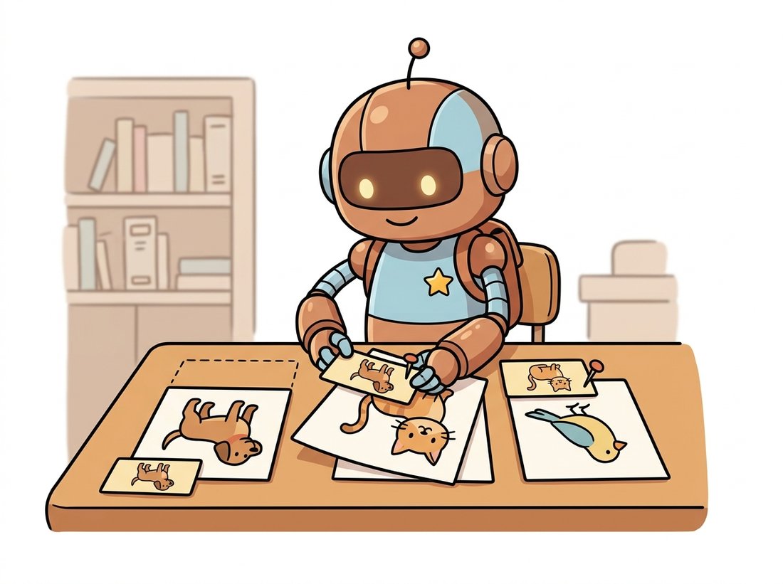 A diligent cartoon robot student proudly matches picture cards to name tags, but every tag is shifted one slot over so it confidently labels the cat with the dog's name, illustrating the off-by-one label bug where a model trains perfectly while learning the wrong answer, the kind of pipeline bug a quick look at the data reveals.