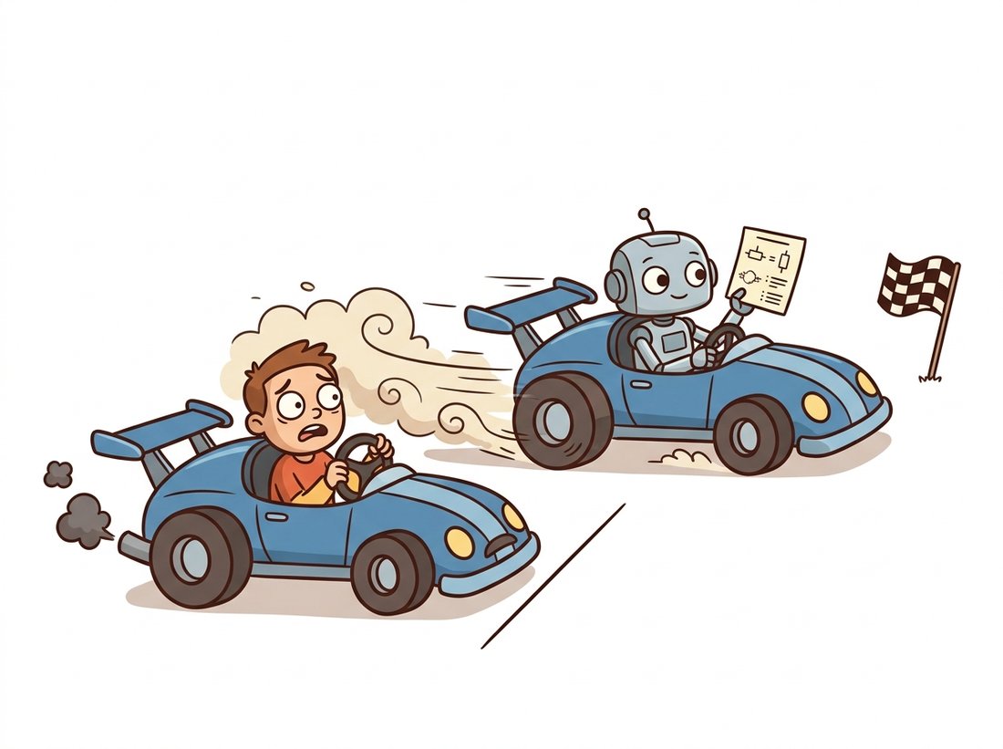 Two identical cartoon race cars leave the same starting line, but the one driven by a calm robot following a recipe card races ahead while the confused driver's identical car sputters behind, illustrating that the same architecture trained with a good versus poor recipe produces wildly different results.