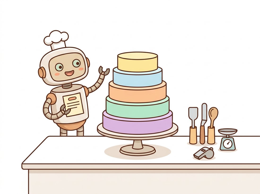 A proud cartoon robot cook stands beside a neat multi-layered cake on a stand, each pastel layer representing one training-recipe ingredient like schedule, weight decay, and label smoothing, illustrating how the modern recipe is a bundle of modest techniques that only produce a strong result when assembled together.