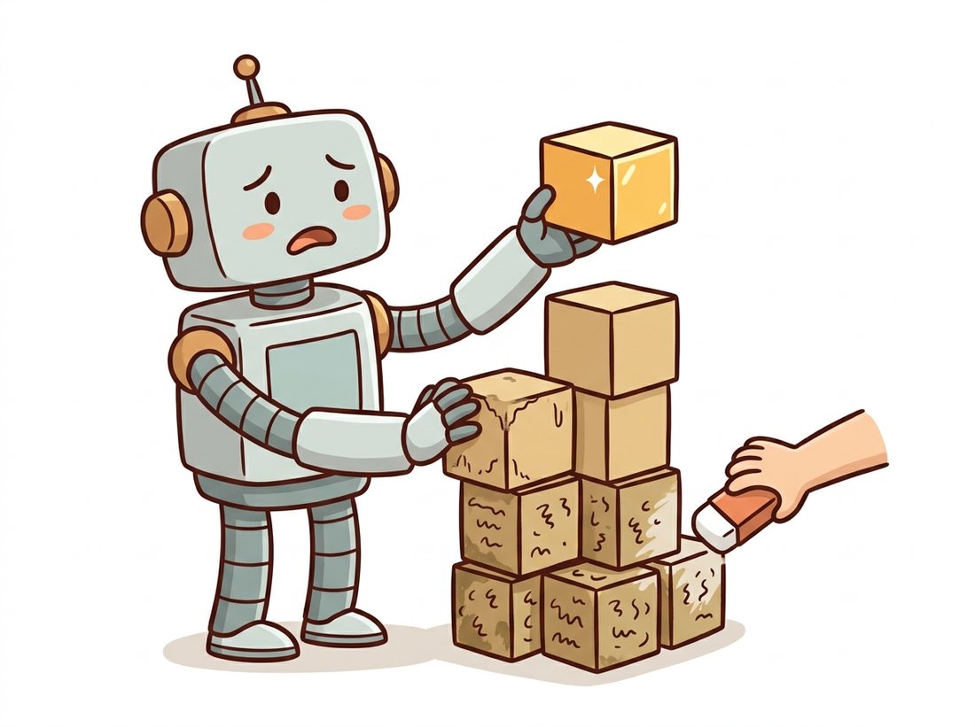 A friendly robot protectively shields the worn bottom blocks of its layer stack, which carry edge and texture patterns, while offering only the shiny top block to be replaced, illustrating transfer learning where early general features are frozen and protected while the classifier head is swapped and fine-tuned.