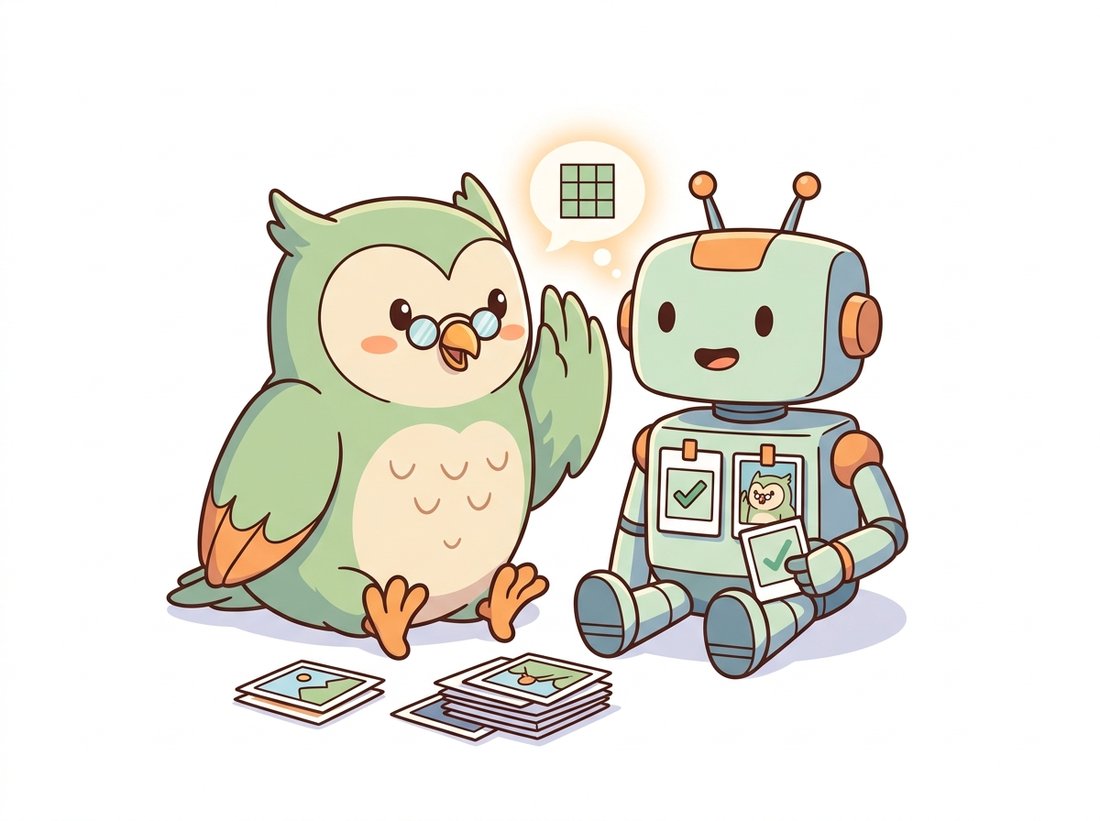 A wise old owl-professor representing a convolutional network whispers a hint carrying a small grid-pattern idea into the ear of an eager young student robot representing a vision transformer, which has two badges for its class token and distillation token, illustrating how DeiT imports a CNN teacher's inductive bias through distillation instead of needing hundreds of millions of images.