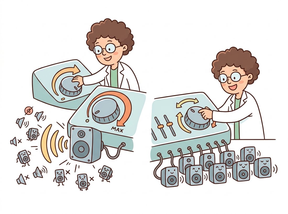 A cartoon audio mixer with a volume knob shown twice: cranked to maximum where one loud speaker drowns out all the silenced others, and turned to a balanced middle where a row of speakers all hum at similar gentle volumes, illustrating how the square-root scale factor keeps the softmax from saturating onto a single patch.