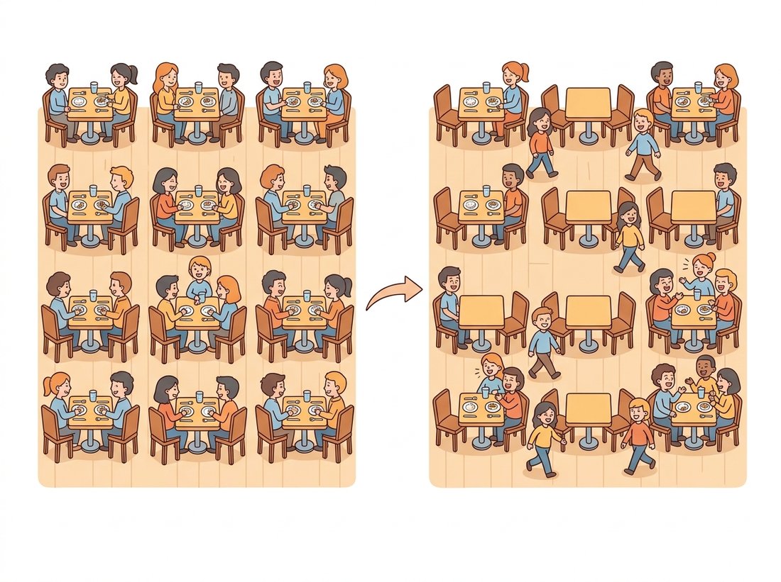 A top-down banquet hall with a grid of fixed small dinner tables where guests chat only with their tablemates, and a curved arrow showing the next course where guests swap to neighboring tables so previously separated diners now share a table, illustrating Swin's window attention and shifted-window step that keeps attention local and cheap while letting information cross window boundaries.