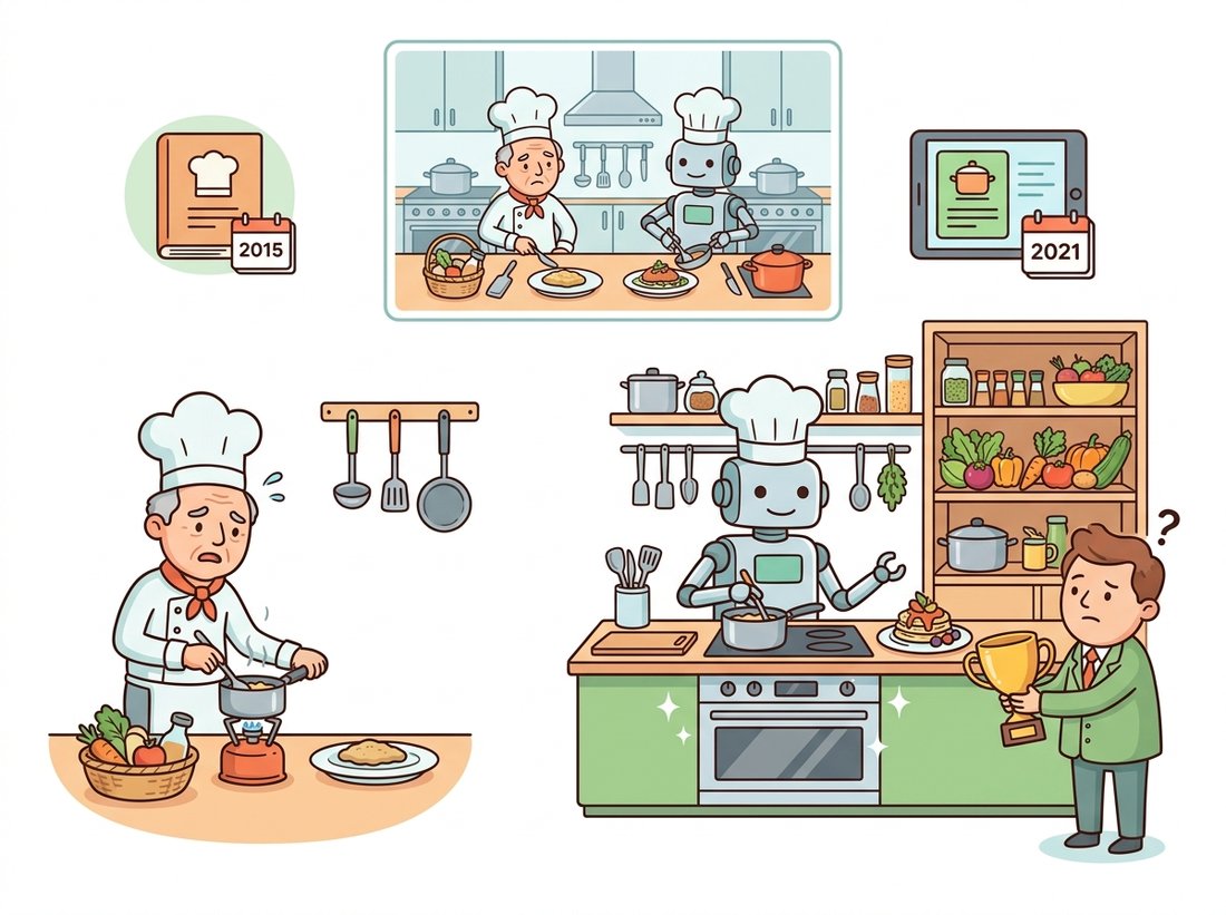 A cooking-contest cartoon where a convolution chef cooks on an old camp stove with few ingredients while a transformer robot chef uses a modern kitchen and full pantry, and a judge is about to credit the transformer's win to the chef rather than the kitchen, with a small inset showing the two chefs tying when given the same modern kitchen, illustrating that recipe differences are often mistaken for architecture differences.