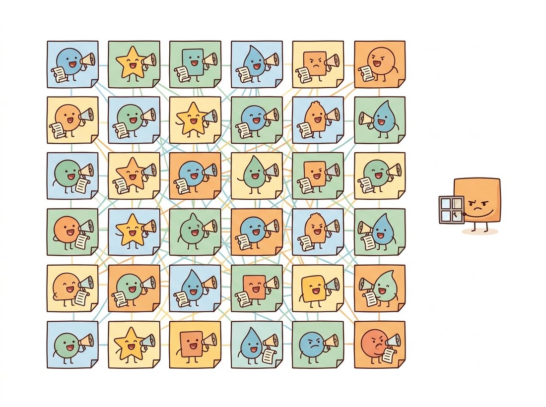 A photograph cut into a grid of square patches where each patch is a cartoon character holding a megaphone and a contact list, all shouting to every other patch across colorful connection lines, while a small convolution character with a tiny fixed window peeks at only its nearest neighbors, contrasting attention's global reach with the convolution's local view.