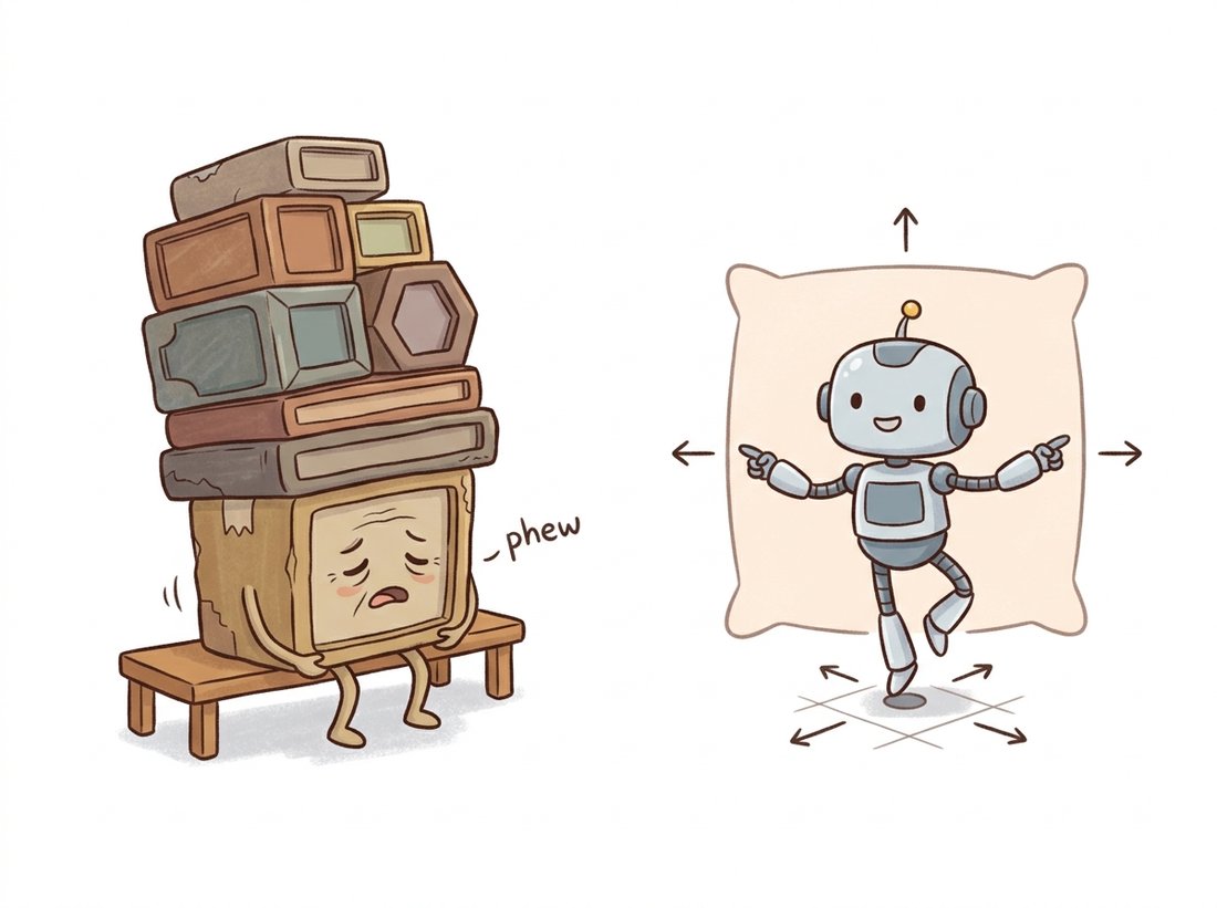 On the left a weary anchor-box character sets down a heavy stack of nine differently shaped rectangle frames and retires on a bench, while on the right a nimble robot standing on one grid point simply points four little arrows to the left, top, right, and bottom edges of an object outline, illustrating the anchor-free shift from a hand-tuned catalogue of boxes to direct per-location edge regression.