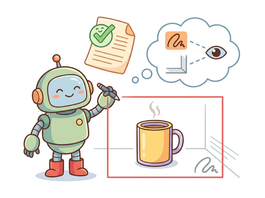 A proud cartoon robot draws its bounding box around a faint corner watermark and the studio backdrop instead of the actual product object beside it, while a floating report card shows a high score, illustrating how a detector can inflate its validation mAP by learning a spurious shortcut cue rather than the real object.
