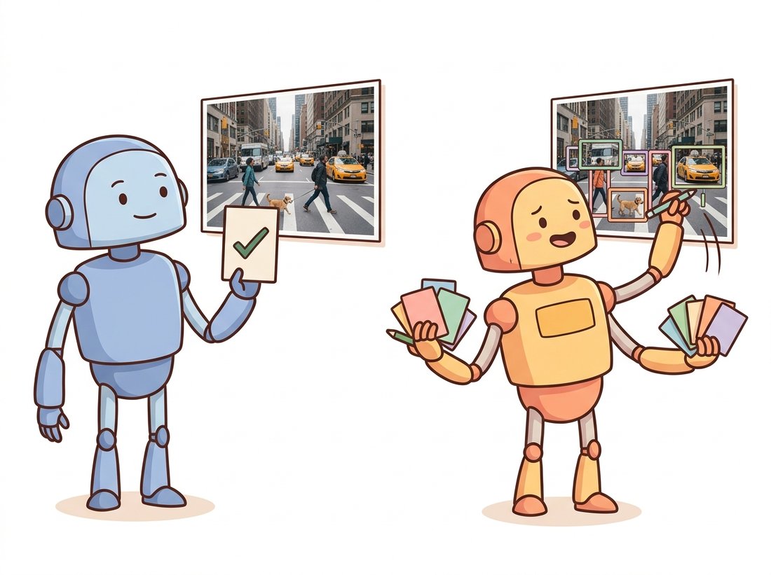 A calm robot on the left holds a single label card for one whole-image classification, while a busier robot on the right draws many colorful bounding rectangles around several cars, pedestrians, and a dog in the same street photo, depicting how detection replaces one label with a variable-length list of located, classified boxes.