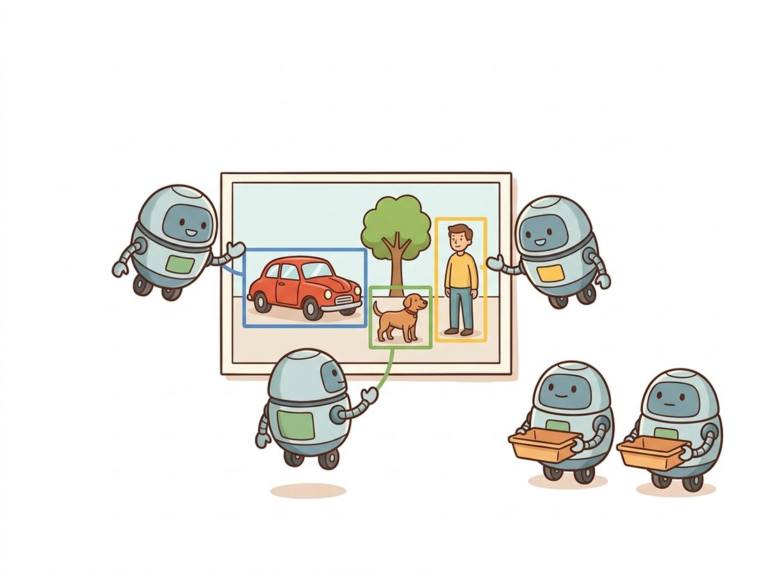A team of identical little assistant robots each politely claim exactly one distinct object in a shared photo with a single colored box and a handshake, while a few spare robots hold empty trays meaning they found nothing, and no cleanup janitor is present, illustrating DETR's one-to-one set prediction with object queries that needs no non-maximum suppression.