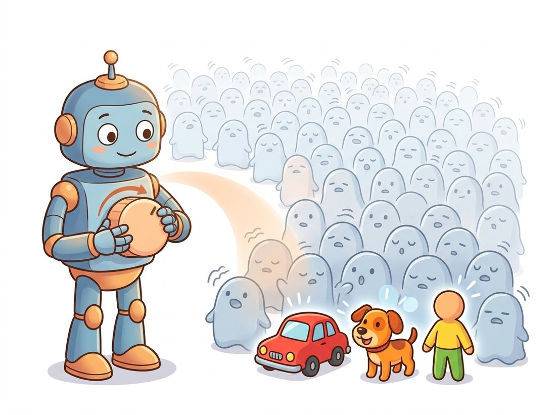 A teacher robot turns a volume knob that fades a vast crowd of pale, identical, sleepy background blobs into near silence while a few bright, distinct little object characters stay vivid and loud, illustrating how focal loss down-weights the easy background majority so rare foreground examples dominate training.