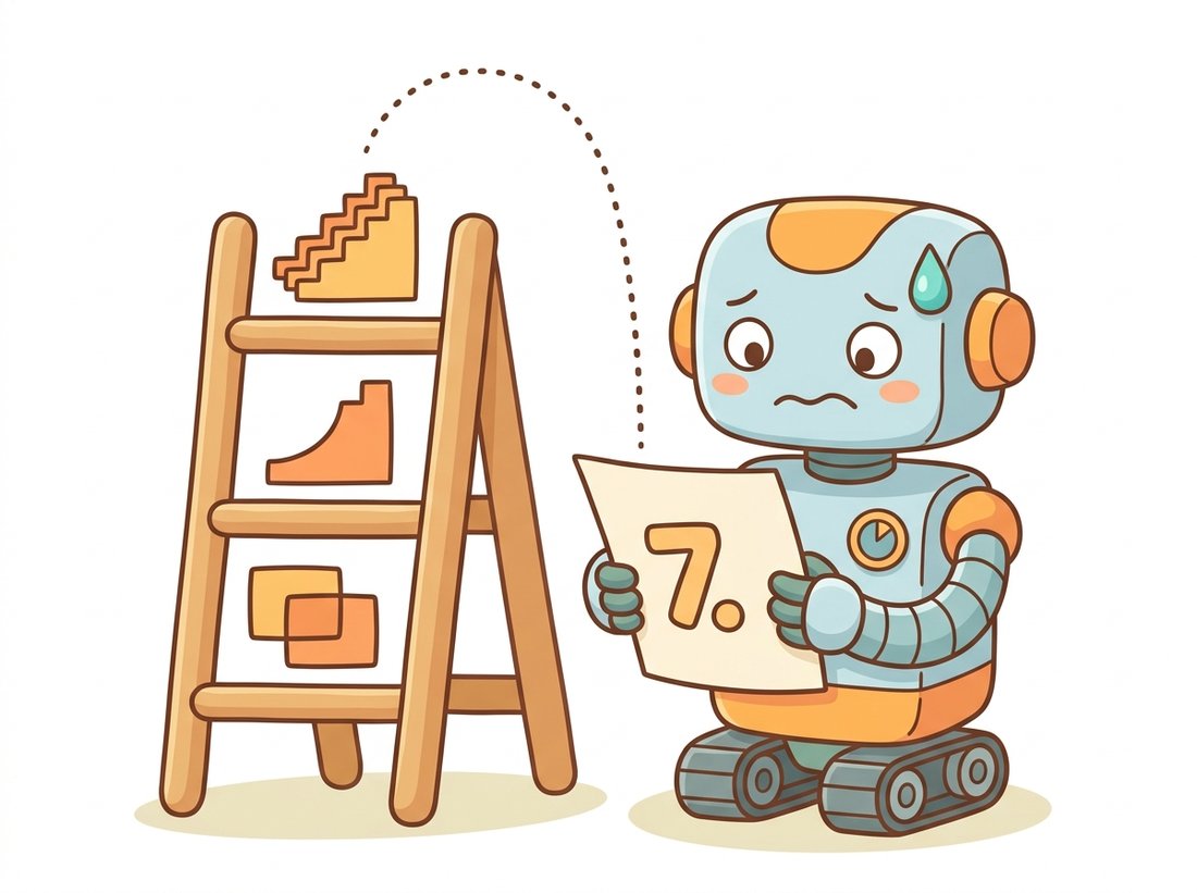 A worried cartoon robot holds a report card showing a single grade, behind it a three-rung ladder rises from two overlapping boxes (IoU judging one box) to a small precision-recall staircase (average precision for one class) to a stack of staircases averaged (mean average precision), showing how the three metrics build on each other into one number.