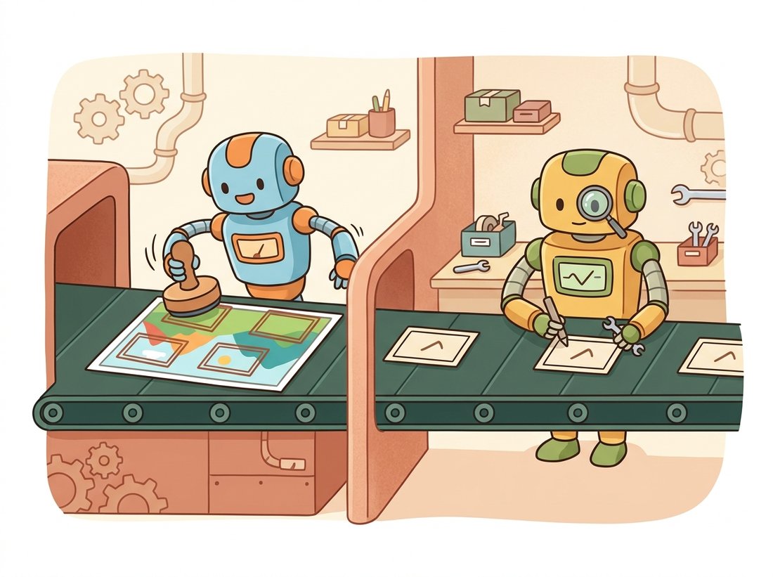 A two-station cartoon assembly line: a fast scout robot stamps a handful of candidate rectangle frames onto a conveyor over an image, and a careful inspector robot with a magnifying loupe then examines, labels, and tightens each proposed box one at a time, illustrating the two-stage propose-then-classify R-CNN pipeline.