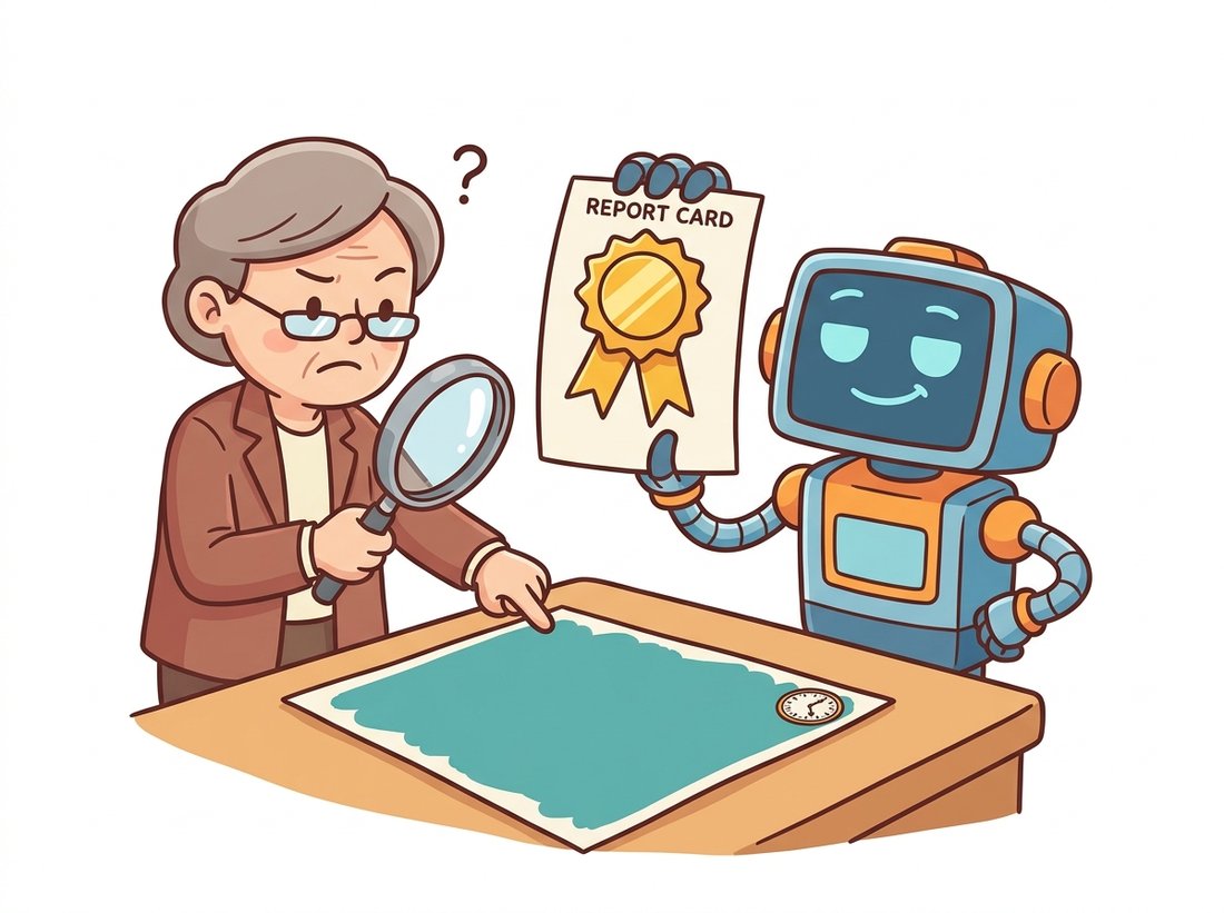 A smug lazy student robot has colored an entire exam sheet one flat background shade while ignoring a tiny object in the corner, yet proudly displays a high gold-star grade, as a teacher with a magnifying glass points at the missed object, illustrating the pixel-accuracy trap where predicting background everywhere scores high accuracy yet near-zero mean IoU.