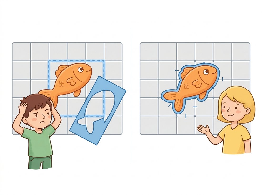 Two side-by-side panels: on the left a character snaps a crop rectangle to the nearest whole grid cells so it floats off the fish it is trying to cut out, and on the right a character keeps the region exactly in place and reads values at in-between sample points so the crop hugs the fish, illustrating how RoIAlign replaces RoIPool's coordinate rounding with bilinear sampling.
