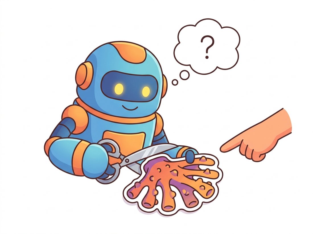 A cheerful robot with scissor hands neatly cuts the outline of an unfamiliar coral-like object that a human finger simply points at, while an empty thought bubble holding only a question mark shows the robot has no name for the object, illustrating SAM's class-agnostic promptable segmentation that outlines whatever you indicate without knowing what it is.