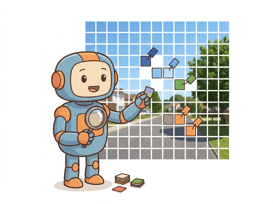A friendly robot hands a small colored name tag to every individual pixel tile of a street-scene photo, with sky tiles getting blue tags, grass tiles green, and a car tile orange, illustrating that semantic segmentation assigns a class to every location instead of one label for the whole image.
