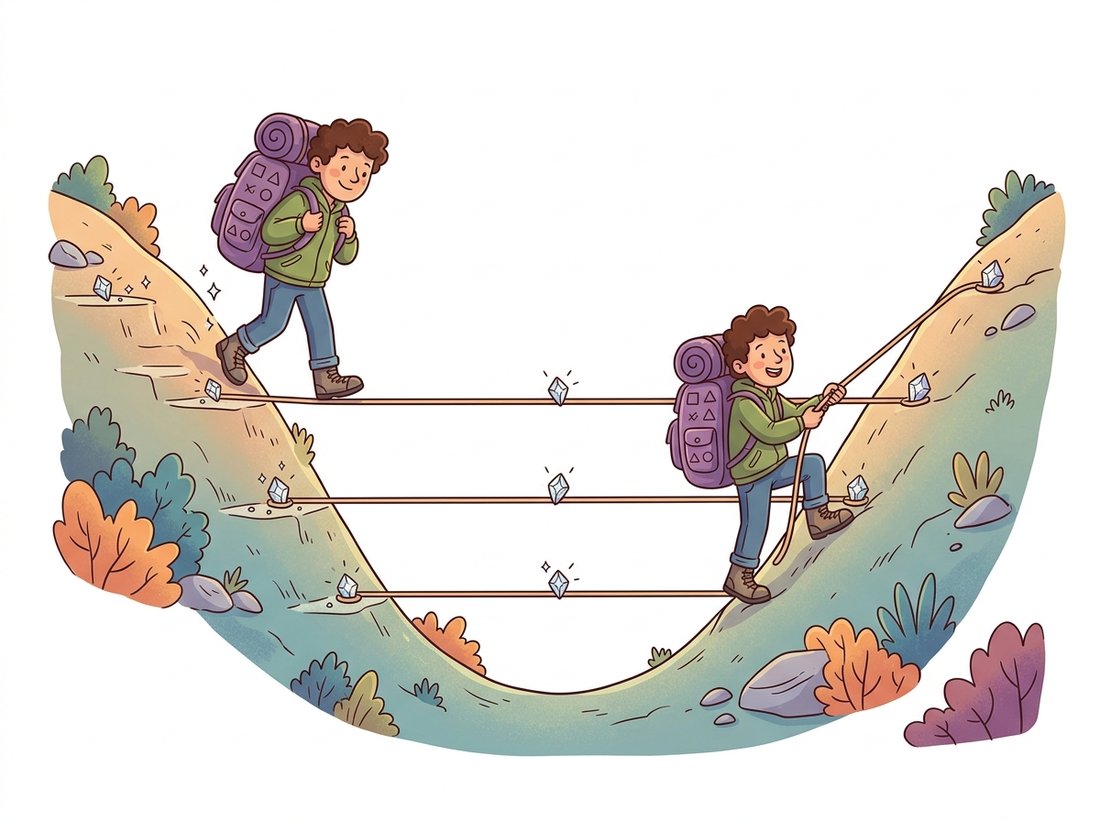A character descends the left arm of a U-shaped valley dropping sparkling detail crystals on each ledge, then climbs the right arm while horizontal ropes carry each crystal straight across to the matching height, depicting how U-Net skip connections reinject the encoder's fine spatial detail into the decoder at every resolution level.
