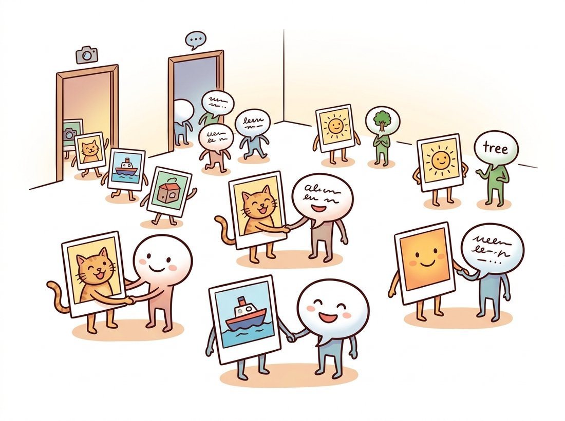 In a cheerful shared town square, picture-cards arriving through a camera-icon door pair up hand-in-hand with matching word speech-bubbles arriving through a chat-icon door, each photo standing beside its true caption, illustrating CLIP's shared embedding space where an image and its description land at the same point and can be compared directly.
