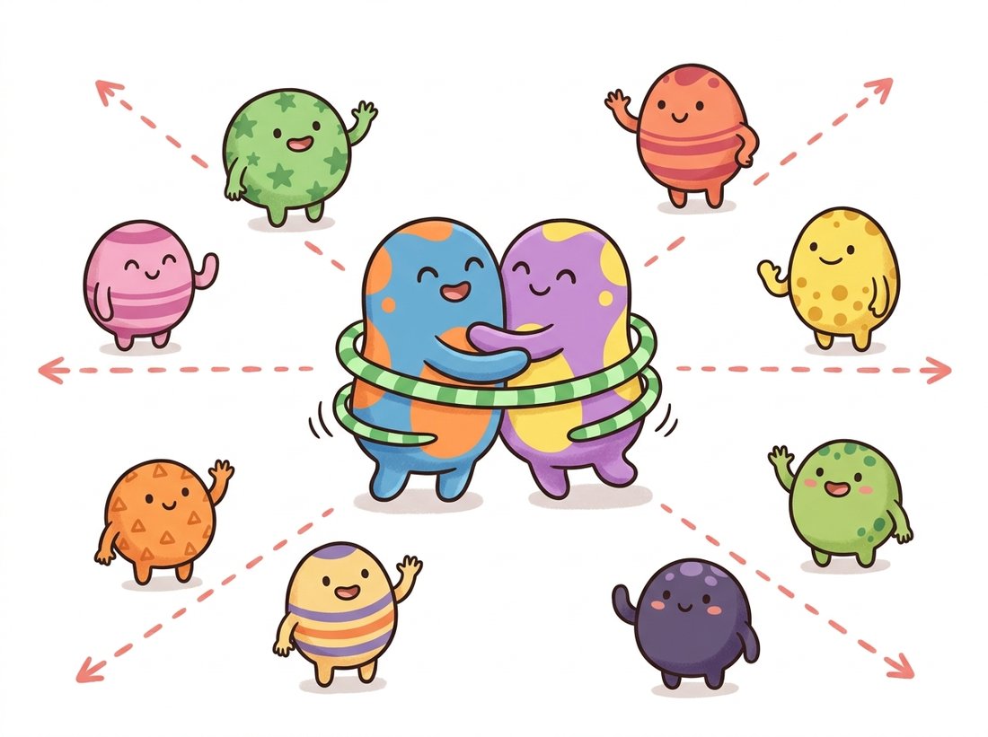 In a cartoon feature space, two views of the same creature (one cropped, one recolored) are pulled together by a green spring while several different creatures are pushed outward along red dashed lines, illustrating the contrastive objective of pulling positive pairs together and pushing negatives apart.