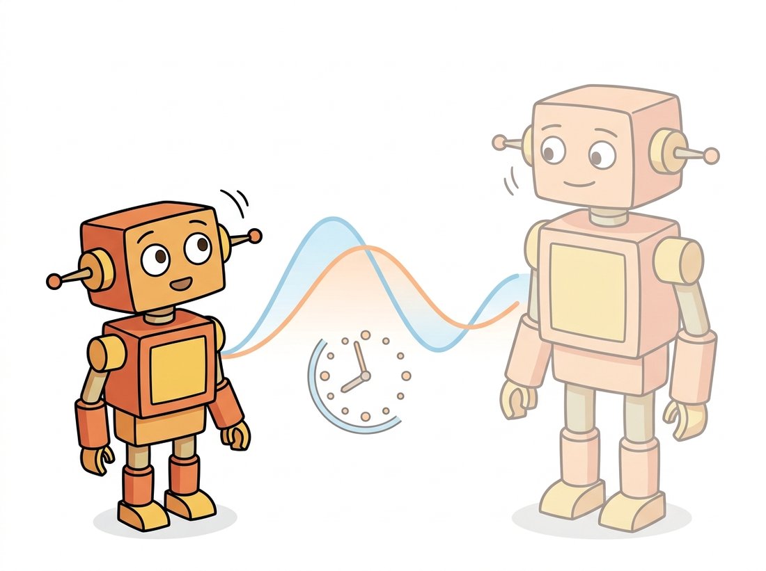 An eager student robot tries to match the calm expression of a larger teacher robot that is a pale, time-delayed echo of the student itself, with a slow clock between them, illustrating DINO self-distillation where the teacher is an exponential moving average of the student and learning means agreeing with your own smoothed past.