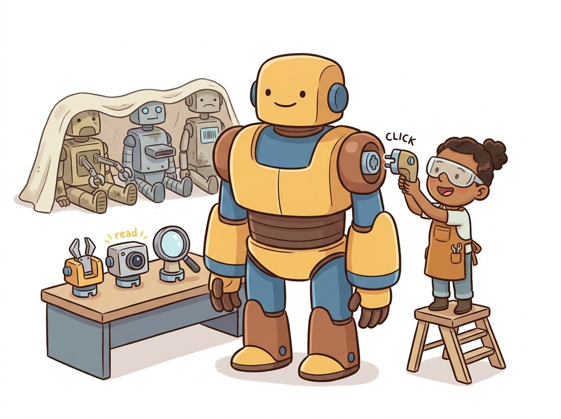 A large central foundation robot accepts several tiny snap-on tool-head attachments at one shared port while a small engineer clicks on a new adapter and a row of retired single-purpose robots rest under a sheet, illustrating the modern workflow of freezing one foundation backbone and training only small adapter heads instead of building a new model per task.