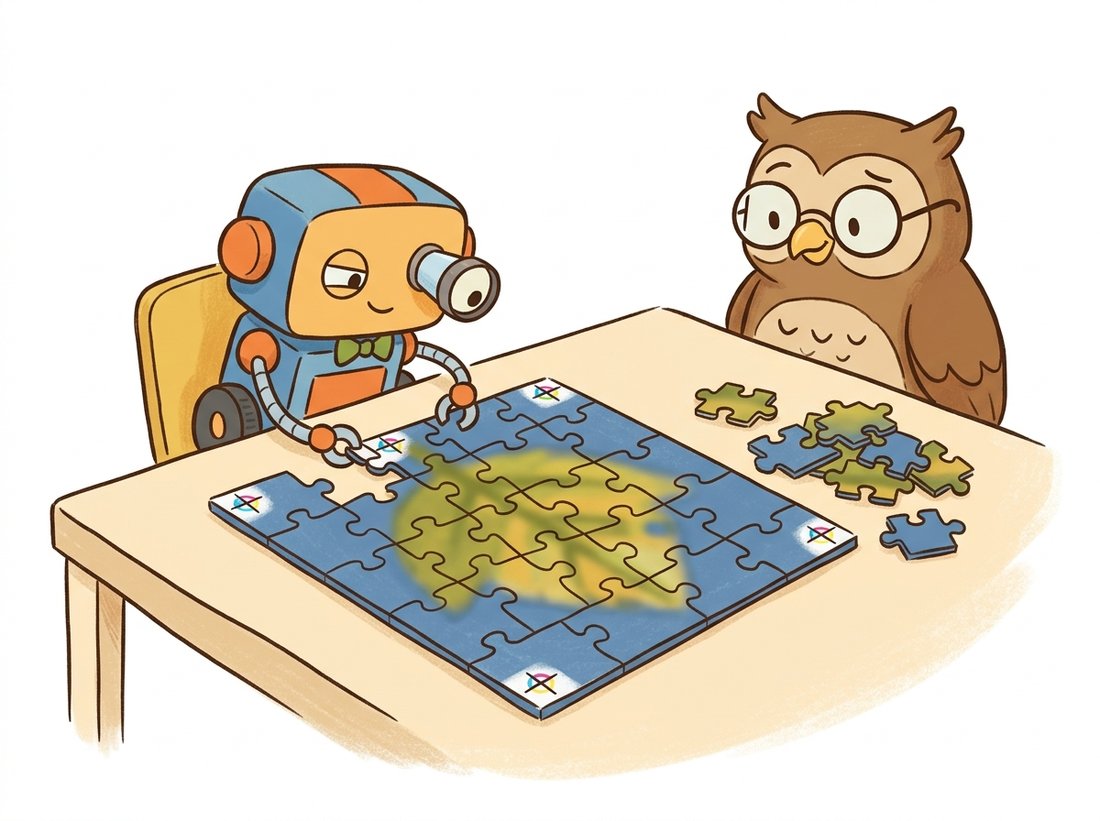 A student robot cheats at a leaf jigsaw puzzle by secretly matching tiny identical corner marks on the pieces instead of looking at the picture, while a watchful owl teacher raises an eyebrow, illustrating how a pretext task can be solved by a low-level artifact shortcut so the model learns the camera rather than the content.