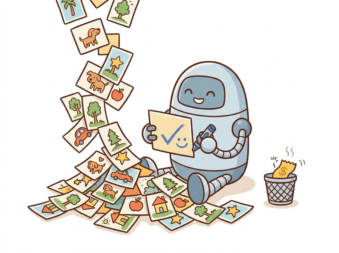 A cheerful robot sits before a cascade of unlabeled photo-cards while a discarded price-tag sticker rests in a wastebasket, and the robot draws its own checkmark on the back of a card, depicting how self-supervised learning throws away expensive human labels and invents the supervision signal from the raw images themselves.